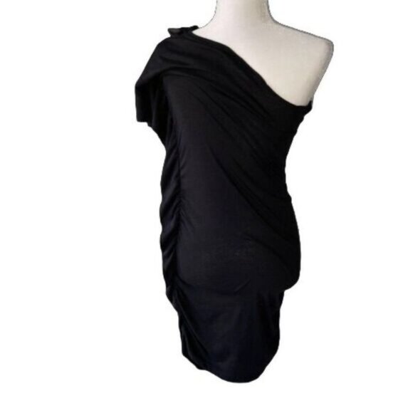 Women's One Shoulder Flower Ruched Detail‎ Bodycon Mini Black Dress MEDIUM - Picture 2 of 4